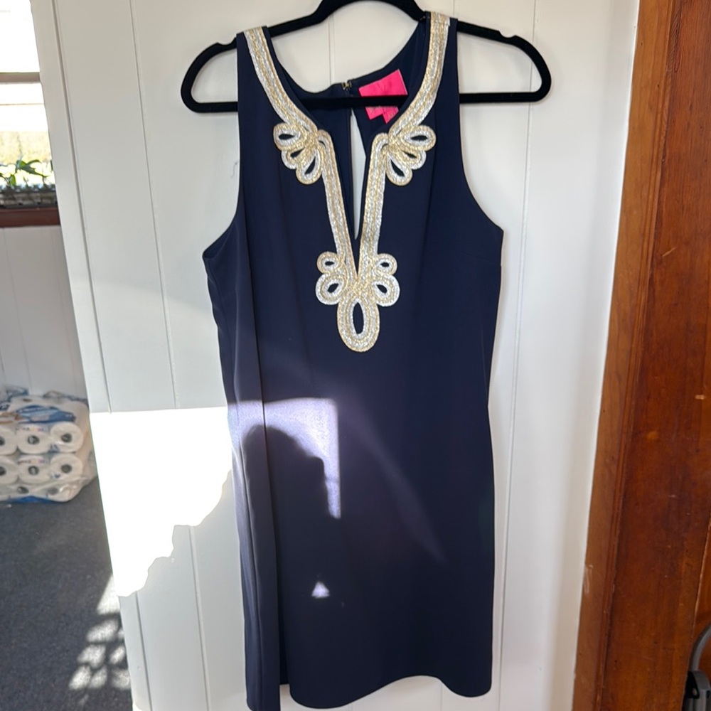 Chic Navy Dress with Gold Embellishments, broken zipper needs to be replaced